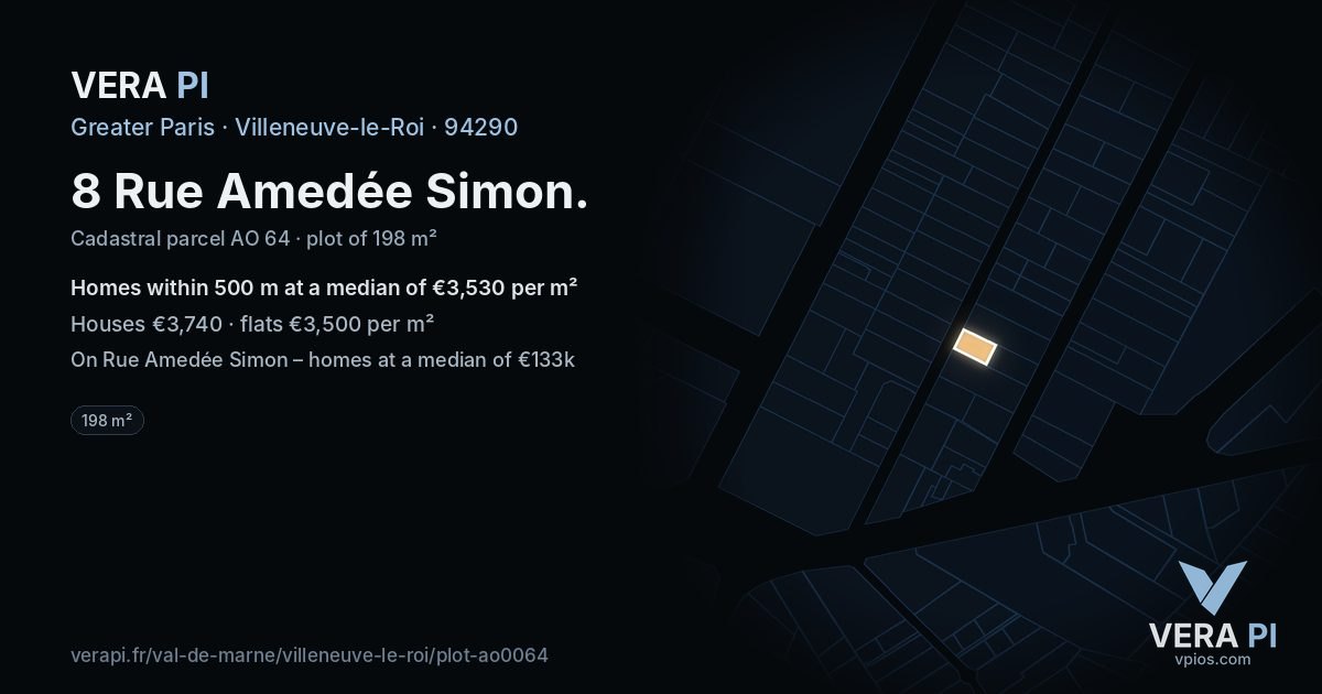 8 Rue Amedée Simon, Villeneuve-le-Roi at night – the plot lit, the parcels around coloured by the prices near them