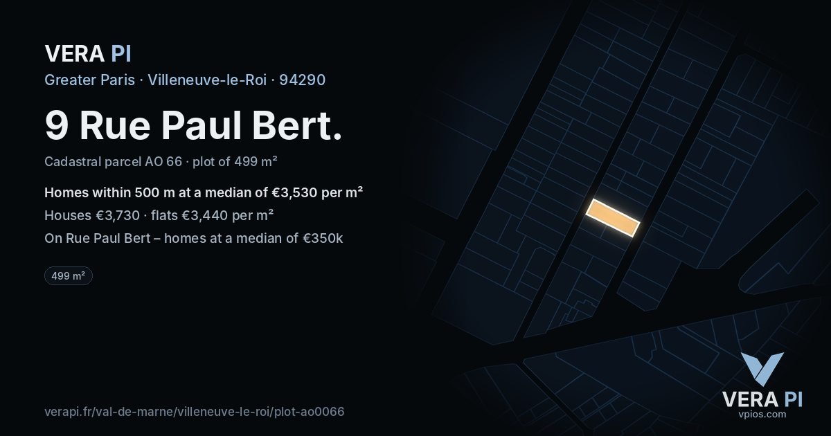 9 Rue Paul Bert, Villeneuve-le-Roi at night – the plot lit, the parcels around coloured by the prices near them
