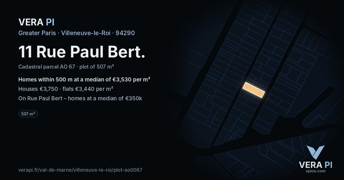 11 Rue Paul Bert, Villeneuve-le-Roi at night – the plot lit, the parcels around coloured by the prices near them