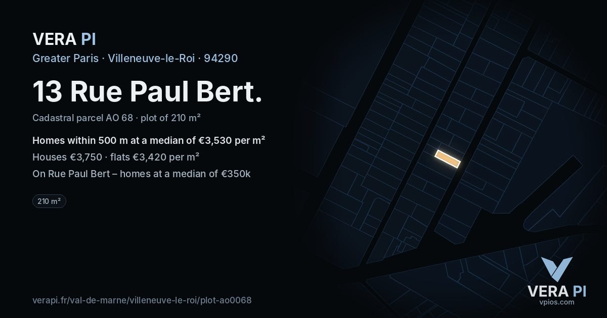 13 Rue Paul Bert, Villeneuve-le-Roi at night – the plot lit, the parcels around coloured by the prices near them