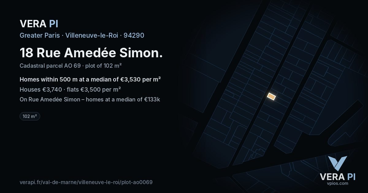 18 Rue Amedée Simon, Villeneuve-le-Roi at night – the plot lit, the parcels around coloured by the prices near them