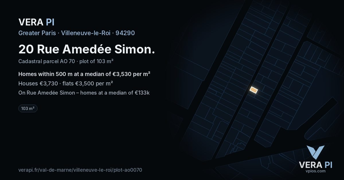 20 Rue Amedée Simon, Villeneuve-le-Roi at night – the plot lit, the parcels around coloured by the prices near them