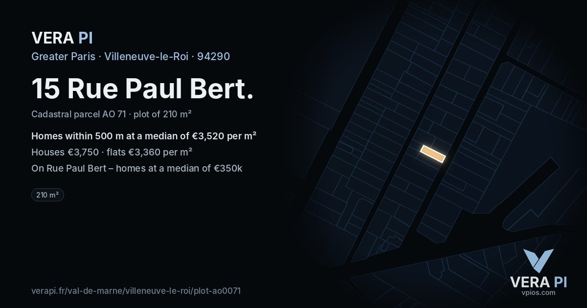15 Rue Paul Bert, Villeneuve-le-Roi at night – the plot lit, the parcels around coloured by the prices near them