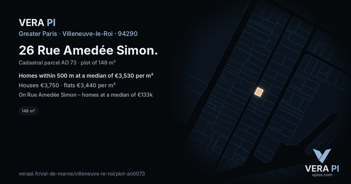 26 Rue Amedée Simon, Villeneuve-le-Roi at night – the plot lit, the parcels around coloured by the prices near them