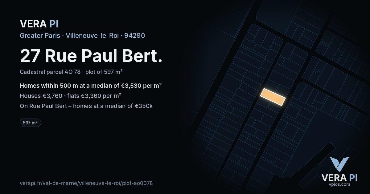 27 Rue Paul Bert, Villeneuve-le-Roi at night – the plot lit, the parcels around coloured by the prices near them
