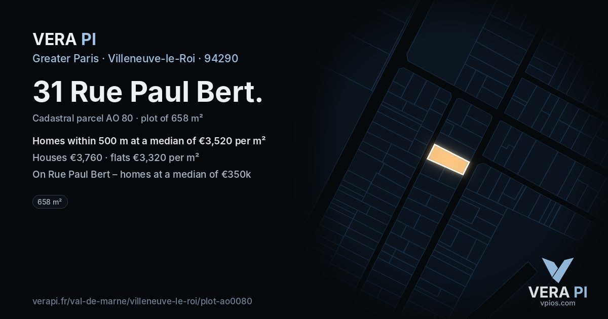 31 Rue Paul Bert, Villeneuve-le-Roi at night – the plot lit, the parcels around coloured by the prices near them