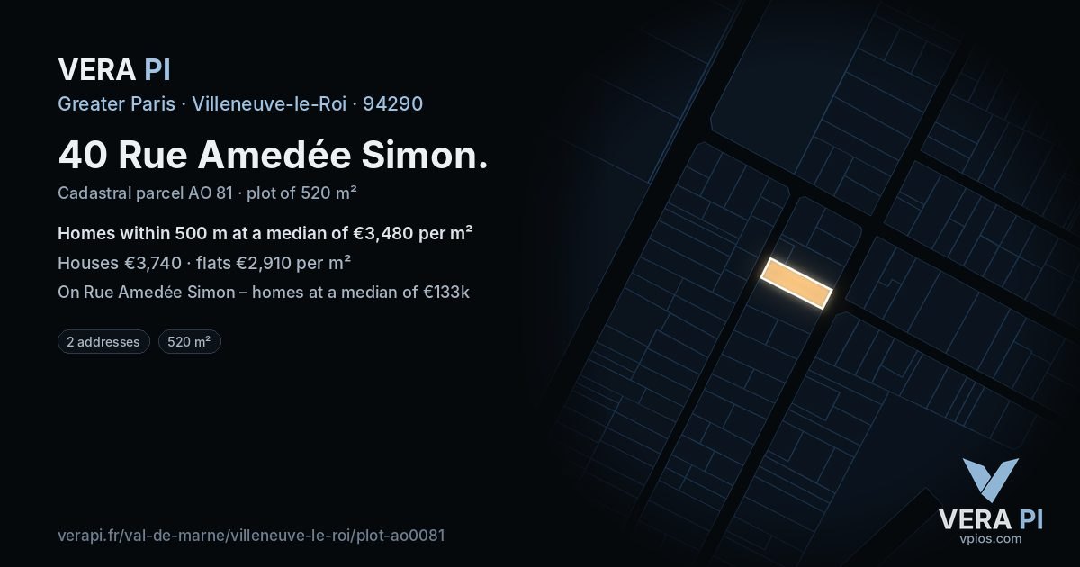 40 Rue Amedée Simon, Villeneuve-le-Roi at night – the plot lit, the parcels around coloured by the prices near them