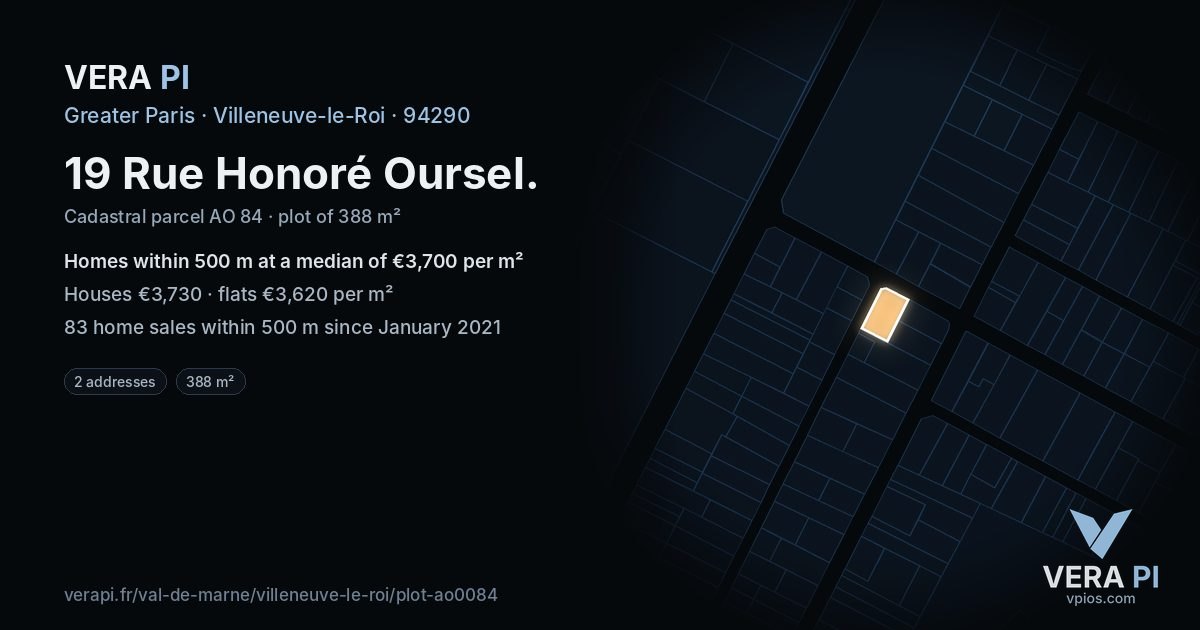 19 Rue Honoré Oursel, Villeneuve-le-Roi at night – the plot lit, the parcels around coloured by the prices near them