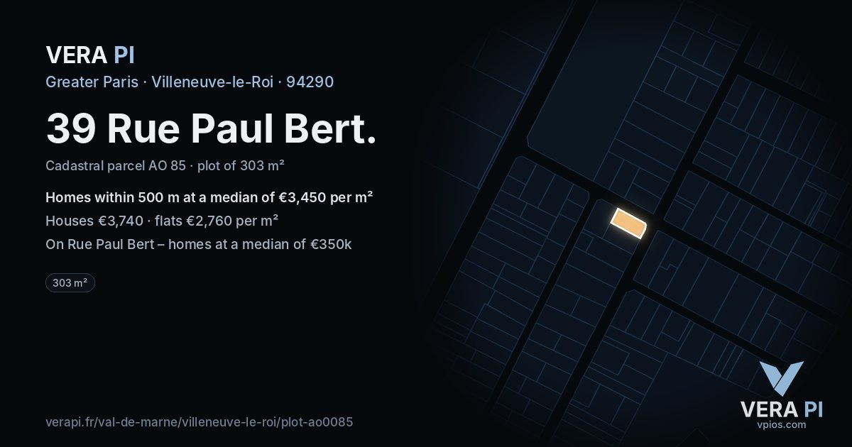 39 Rue Paul Bert, Villeneuve-le-Roi at night – the plot lit, the parcels around coloured by the prices near them