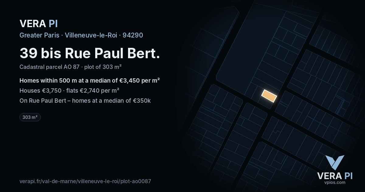 39 bis Rue Paul Bert, Villeneuve-le-Roi at night – the plot lit, the parcels around coloured by the prices near them
