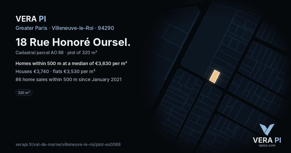 18 Rue Honoré Oursel, Villeneuve-le-Roi at night – the plot lit, the parcels around coloured by the prices near them