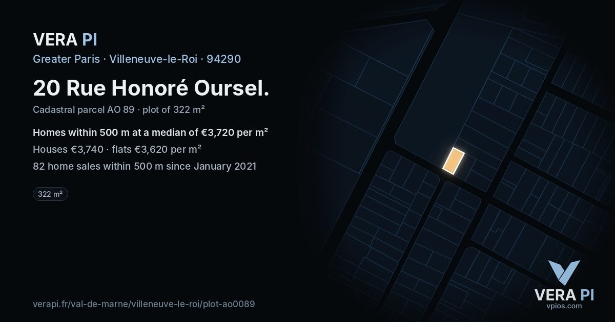 20 Rue Honoré Oursel, Villeneuve-le-Roi at night – the plot lit, the parcels around coloured by the prices near them