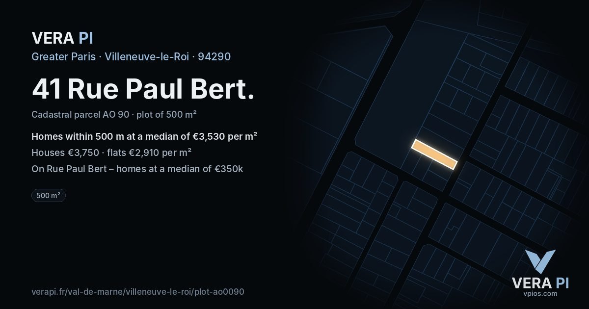41 Rue Paul Bert, Villeneuve-le-Roi at night – the plot lit, the parcels around coloured by the prices near them