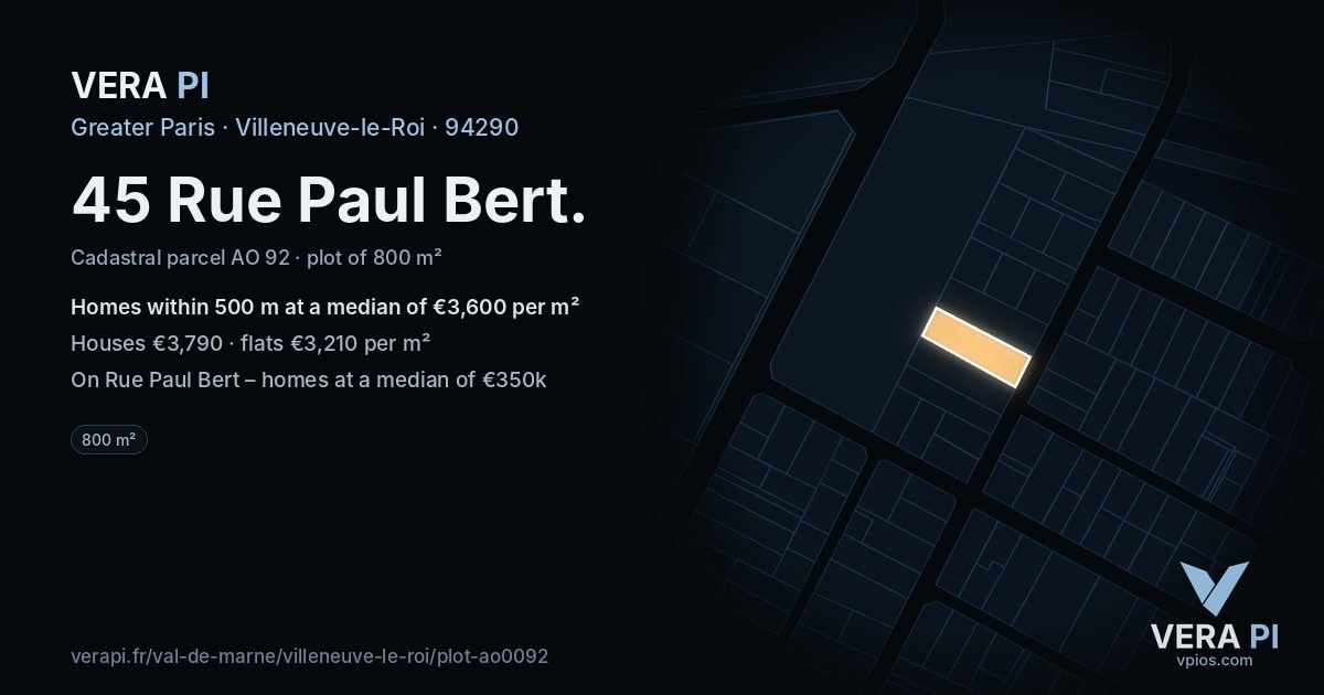 45 Rue Paul Bert, Villeneuve-le-Roi at night – the plot lit, the parcels around coloured by the prices near them