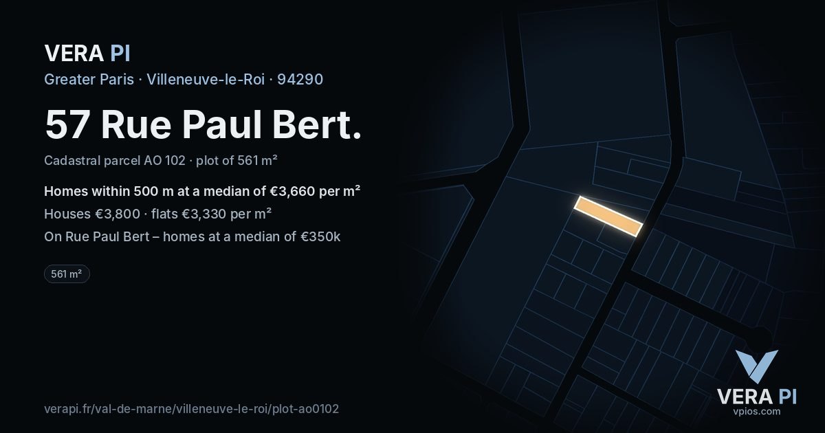 57 Rue Paul Bert, Villeneuve-le-Roi at night – the plot lit, the parcels around coloured by the prices near them