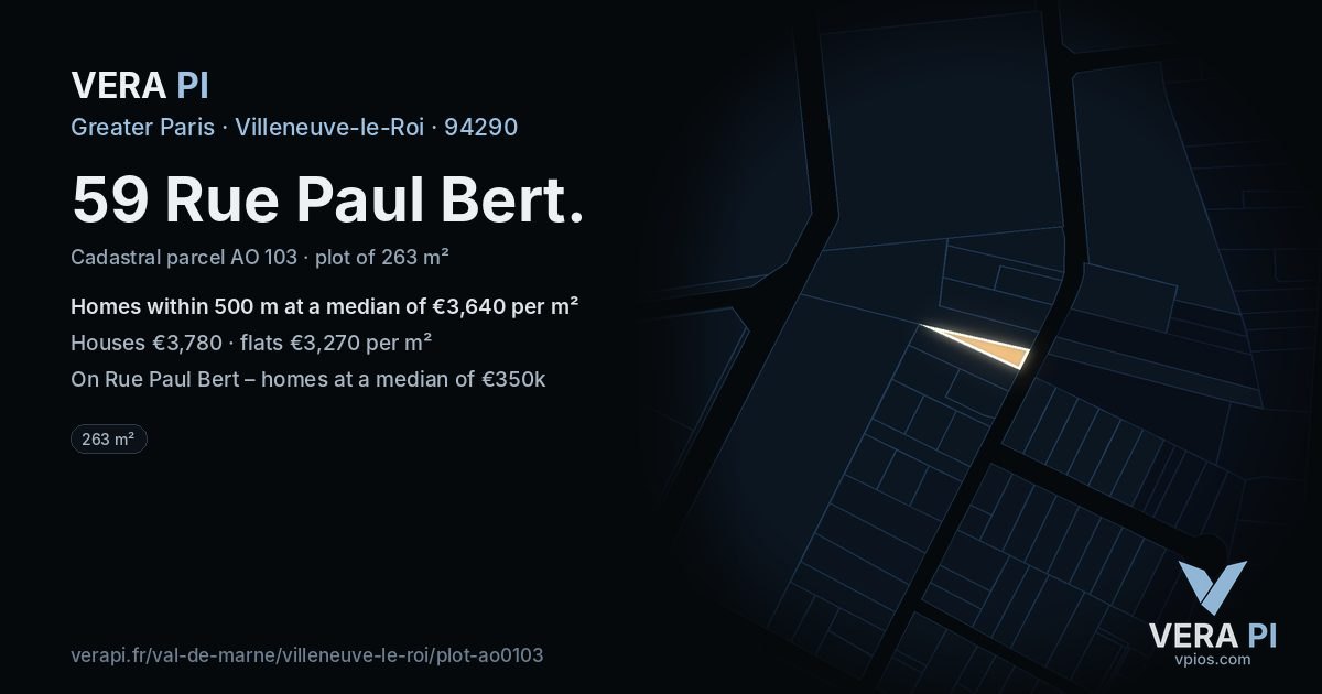 59 Rue Paul Bert, Villeneuve-le-Roi at night – the plot lit, the parcels around coloured by the prices near them