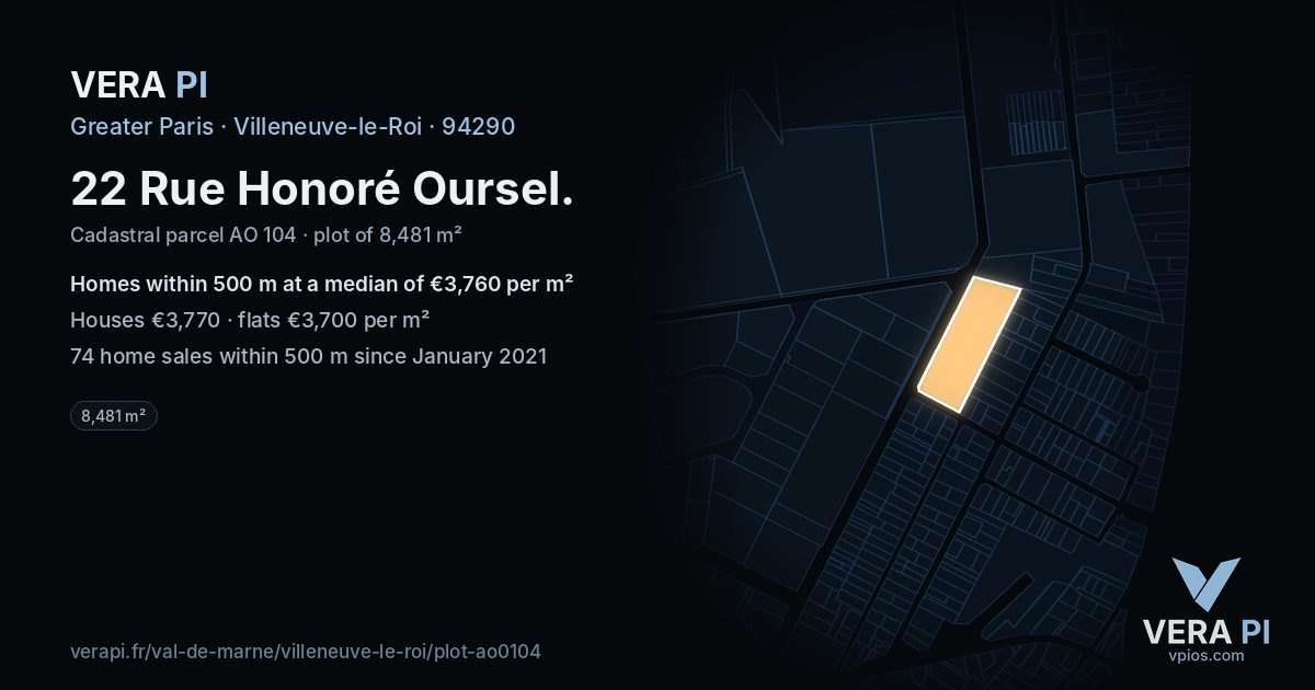 22 Rue Honoré Oursel, Villeneuve-le-Roi at night – the plot lit, the parcels around coloured by the prices near them