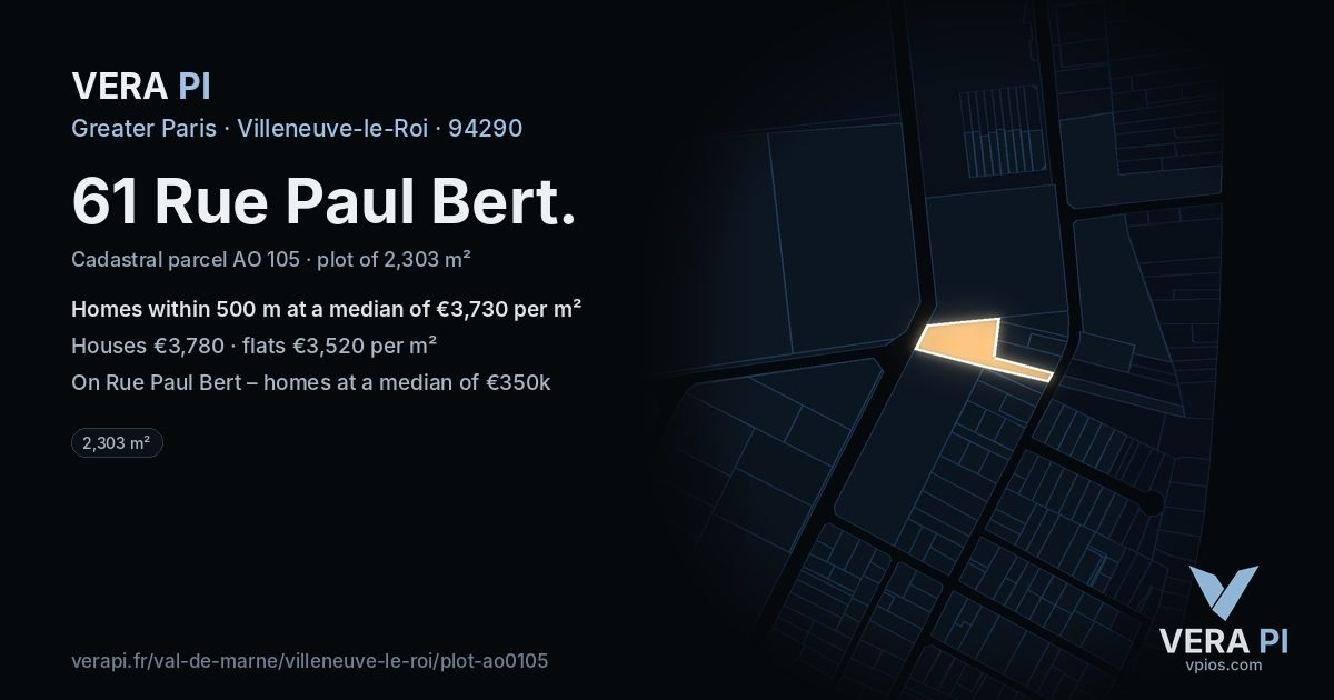 61 Rue Paul Bert, Villeneuve-le-Roi at night – the plot lit, the parcels around coloured by the prices near them