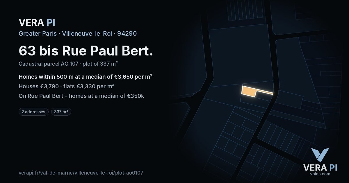 63 bis Rue Paul Bert, Villeneuve-le-Roi at night – the plot lit, the parcels around coloured by the prices near them