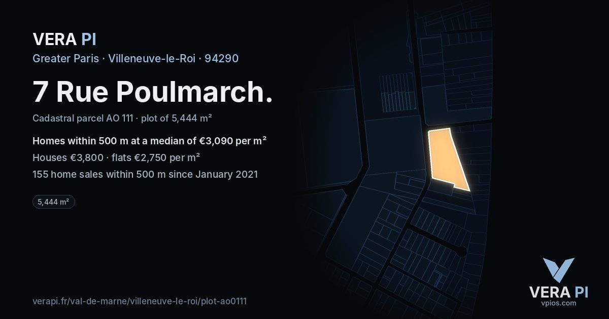 7 Rue Poulmarch, Villeneuve-le-Roi at night – the plot lit, the parcels around coloured by the prices near them