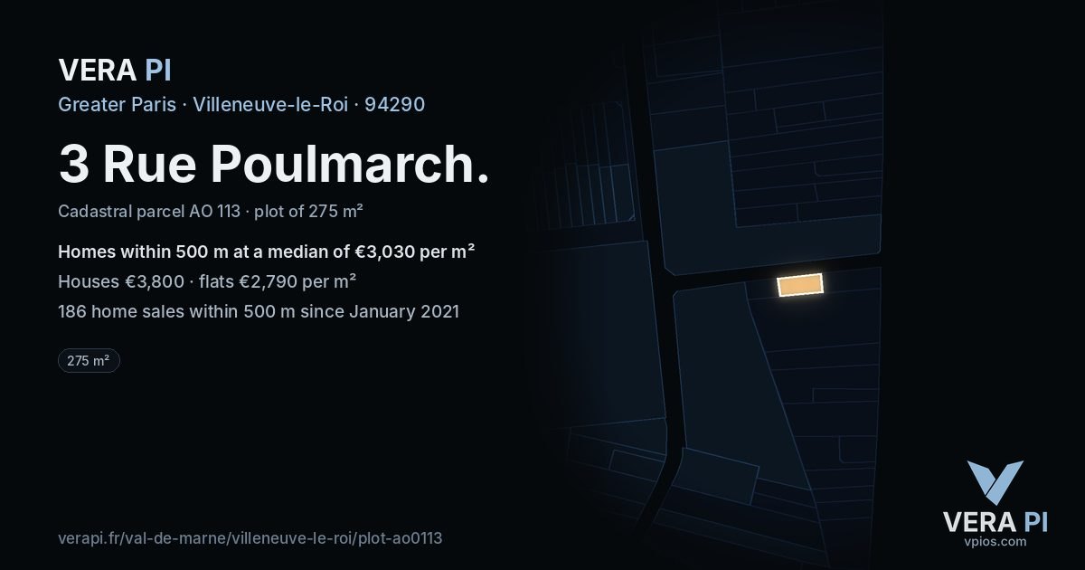 3 Rue Poulmarch, Villeneuve-le-Roi at night – the plot lit, the parcels around coloured by the prices near them