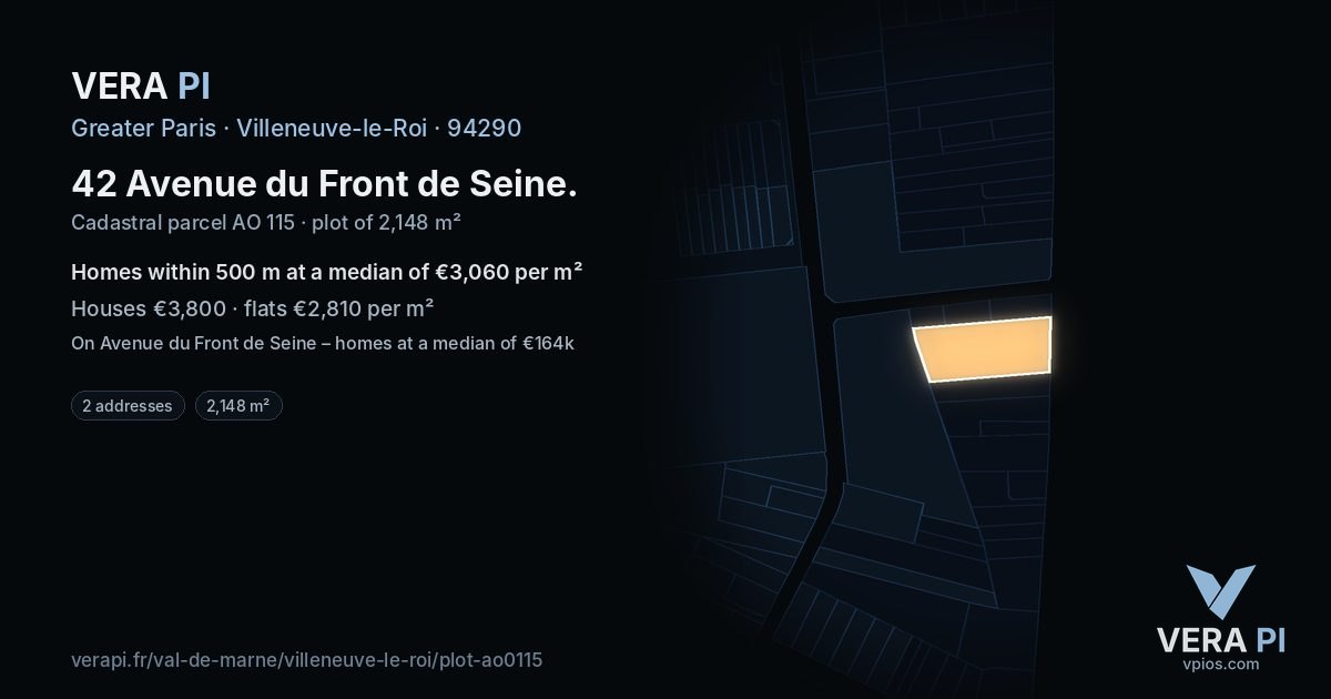 42 Avenue du Front de Seine, Villeneuve-le-Roi at night – the plot lit, the parcels around coloured by the prices near them