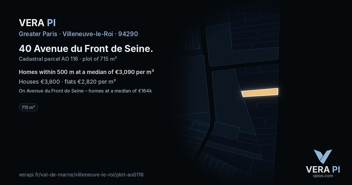 40 Avenue du Front de Seine, Villeneuve-le-Roi at night – the plot lit, the parcels around coloured by the prices near them