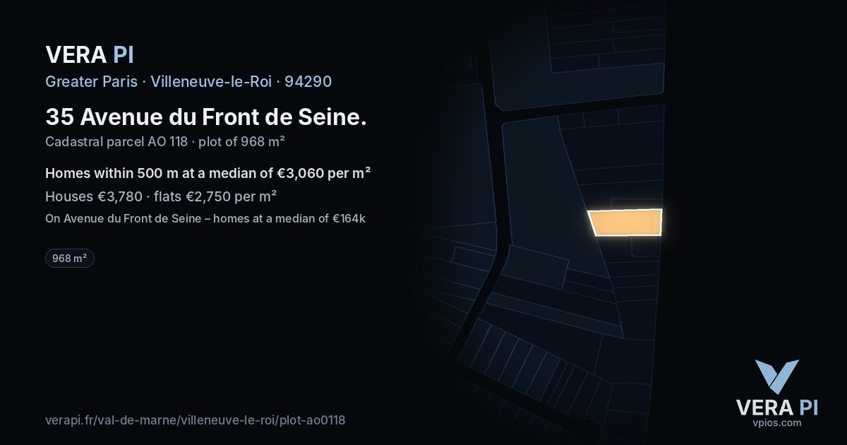 35 Avenue du Front de Seine, Villeneuve-le-Roi at night – the plot lit, the parcels around coloured by the prices near them