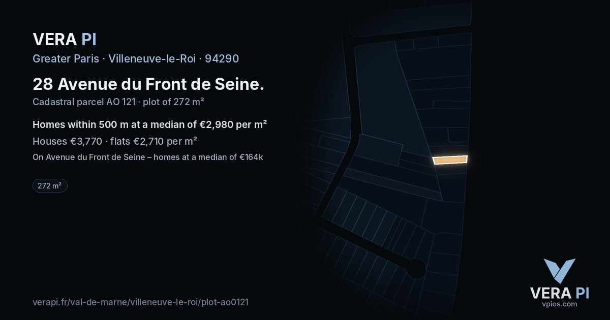 28 Avenue du Front de Seine, Villeneuve-le-Roi at night – the plot lit, the parcels around coloured by the prices near them