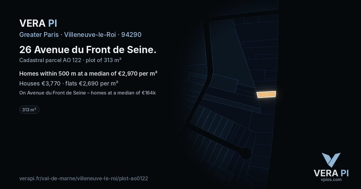 26 Avenue du Front de Seine, Villeneuve-le-Roi at night – the plot lit, the parcels around coloured by the prices near them