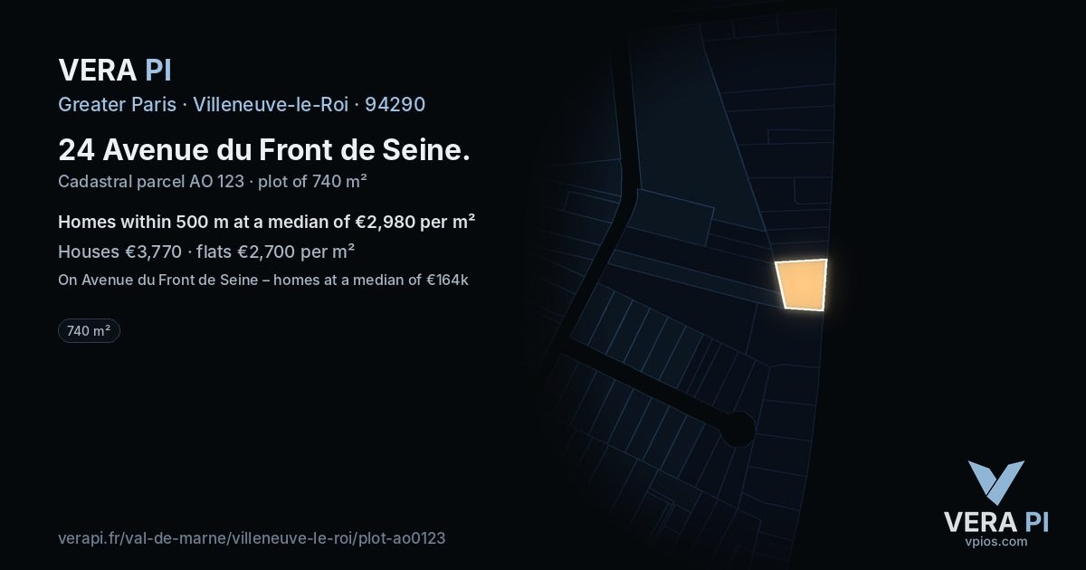 24 Avenue du Front de Seine, Villeneuve-le-Roi at night – the plot lit, the parcels around coloured by the prices near them