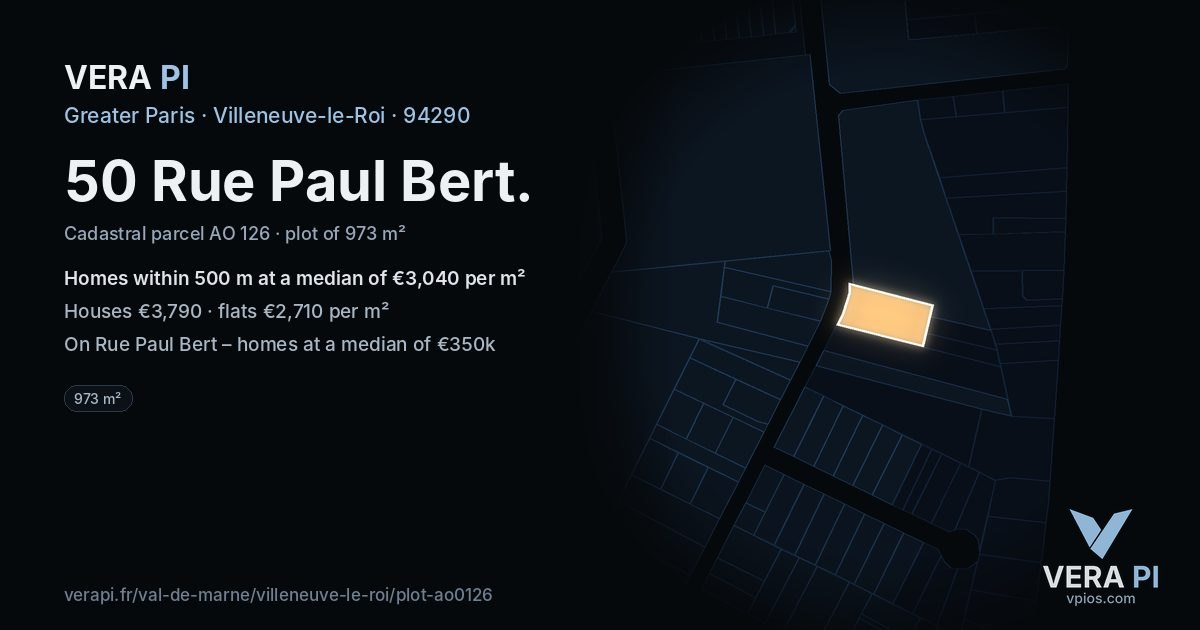 50 Rue Paul Bert, Villeneuve-le-Roi at night – the plot lit, the parcels around coloured by the prices near them