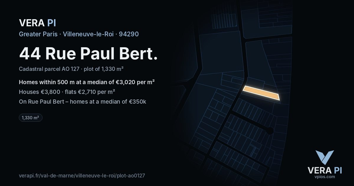 44 Rue Paul Bert, Villeneuve-le-Roi at night – the plot lit, the parcels around coloured by the prices near them