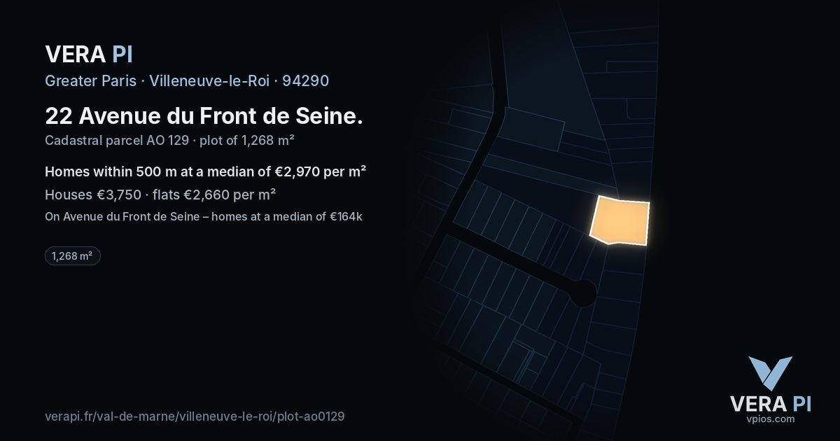 22 Avenue du Front de Seine, Villeneuve-le-Roi at night – the plot lit, the parcels around coloured by the prices near them