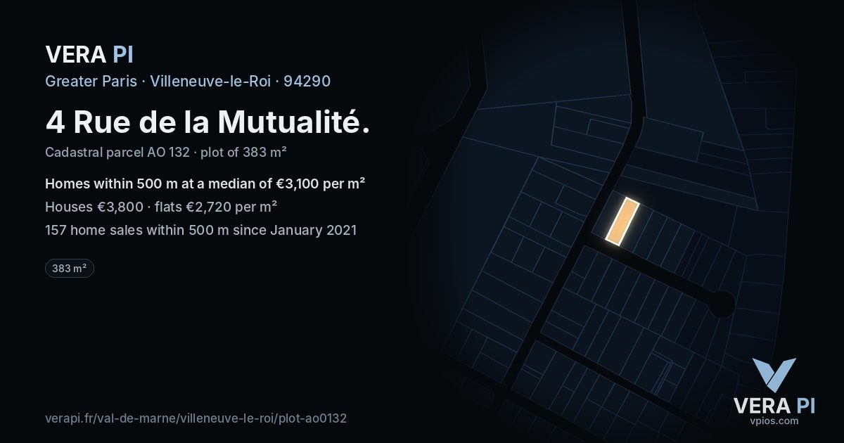 4 Rue de la Mutualité, Villeneuve-le-Roi at night – the plot lit, the parcels around coloured by the prices near them
