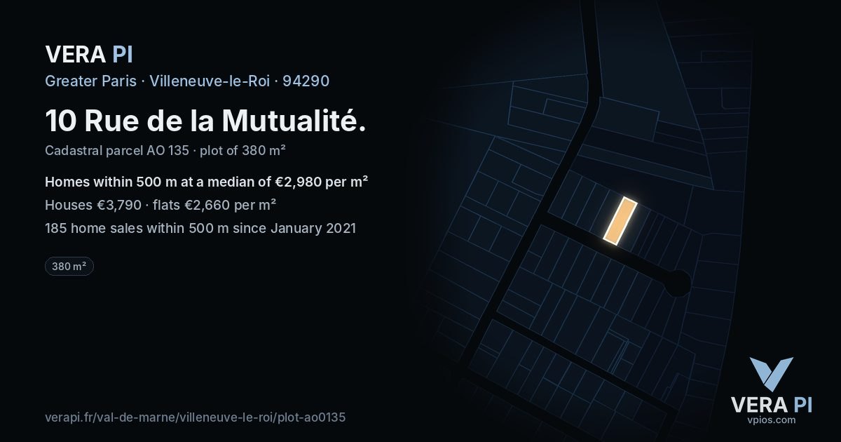10 Rue de la Mutualité, Villeneuve-le-Roi at night – the plot lit, the parcels around coloured by the prices near them