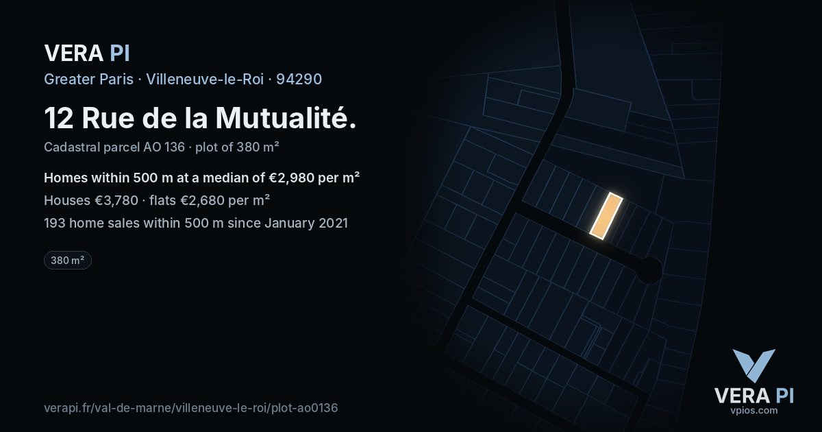 12 Rue de la Mutualité, Villeneuve-le-Roi at night – the plot lit, the parcels around coloured by the prices near them