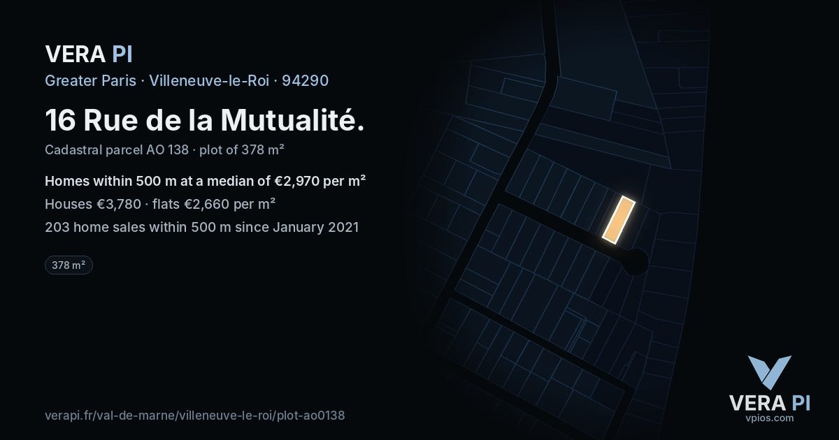 16 Rue de la Mutualité, Villeneuve-le-Roi at night – the plot lit, the parcels around coloured by the prices near them