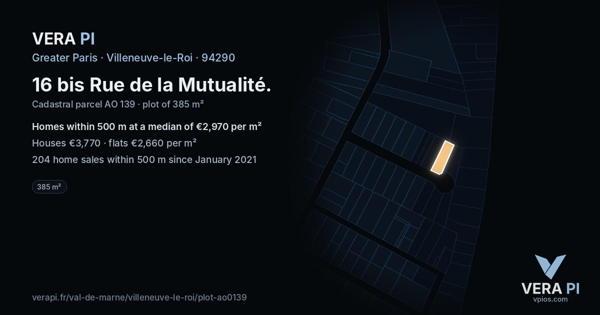 16 bis Rue de la Mutualité, Villeneuve-le-Roi at night – the plot lit, the parcels around coloured by the prices near them