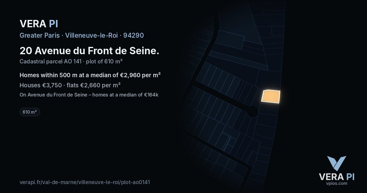 20 Avenue du Front de Seine, Villeneuve-le-Roi at night – the plot lit, the parcels around coloured by the prices near them