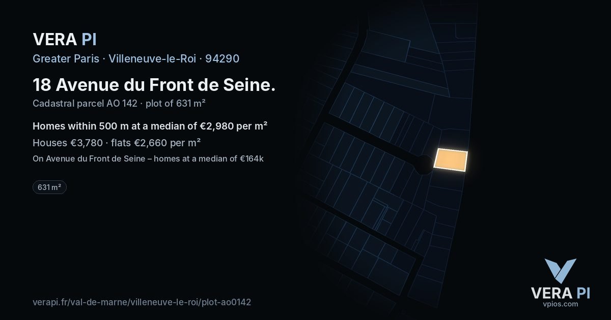 18 Avenue du Front de Seine, Villeneuve-le-Roi at night – the plot lit, the parcels around coloured by the prices near them