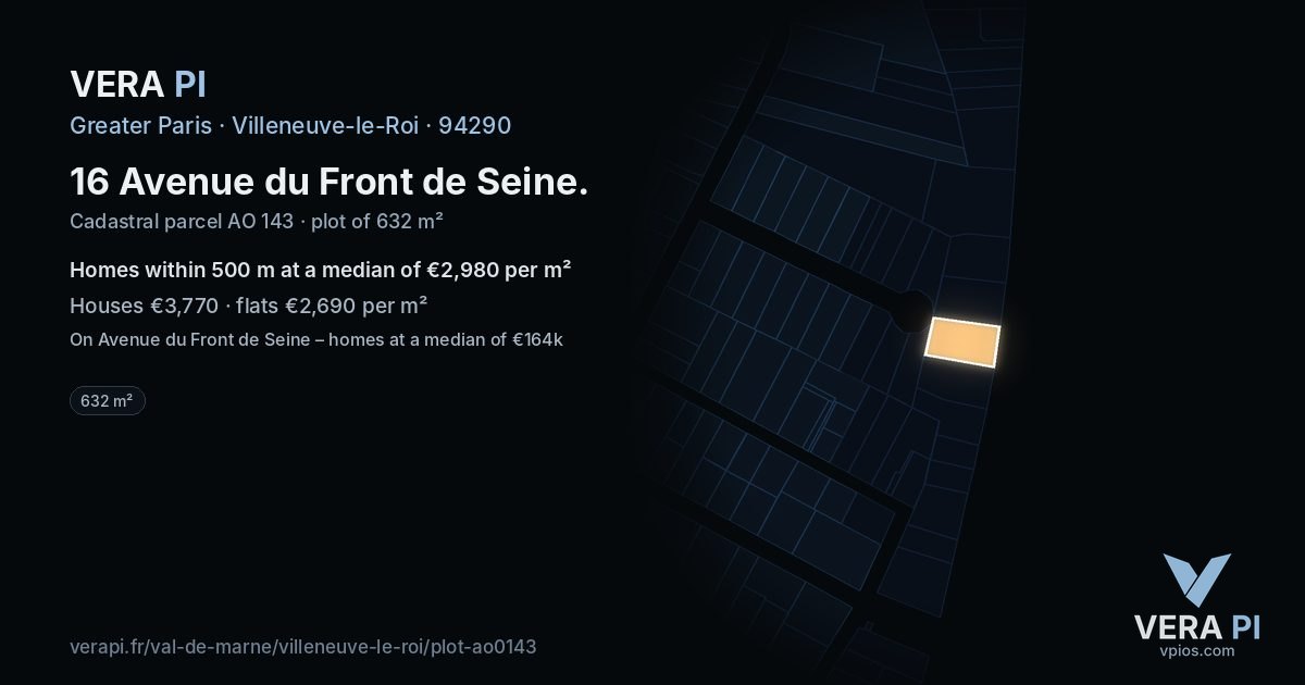 16 Avenue du Front de Seine, Villeneuve-le-Roi at night – the plot lit, the parcels around coloured by the prices near them