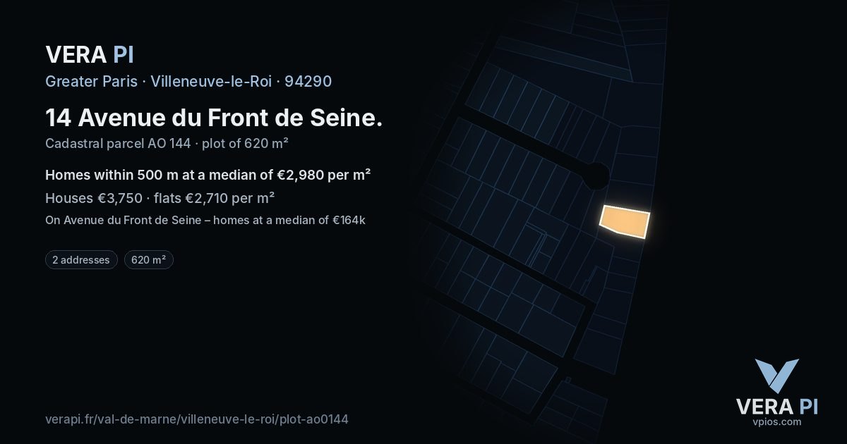 14 Avenue du Front de Seine, Villeneuve-le-Roi at night – the plot lit, the parcels around coloured by the prices near them