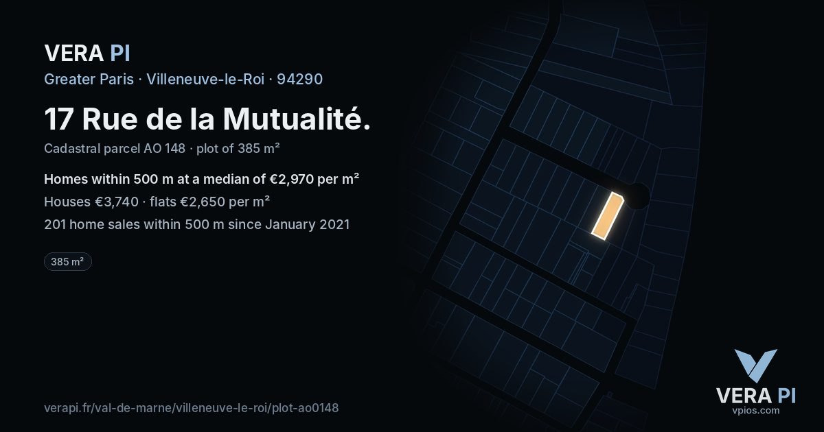 17 Rue de la Mutualité, Villeneuve-le-Roi at night – the plot lit, the parcels around coloured by the prices near them