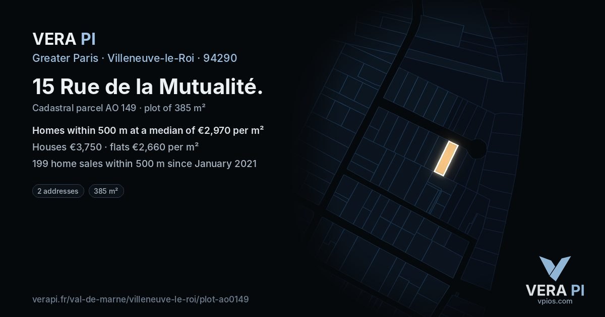 15 Rue de la Mutualité, Villeneuve-le-Roi at night – the plot lit, the parcels around coloured by the prices near them
