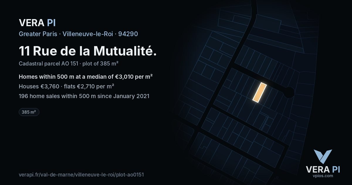 11 Rue de la Mutualité, Villeneuve-le-Roi at night – the plot lit, the parcels around coloured by the prices near them