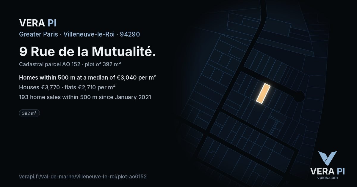 9 Rue de la Mutualité, Villeneuve-le-Roi at night – the plot lit, the parcels around coloured by the prices near them