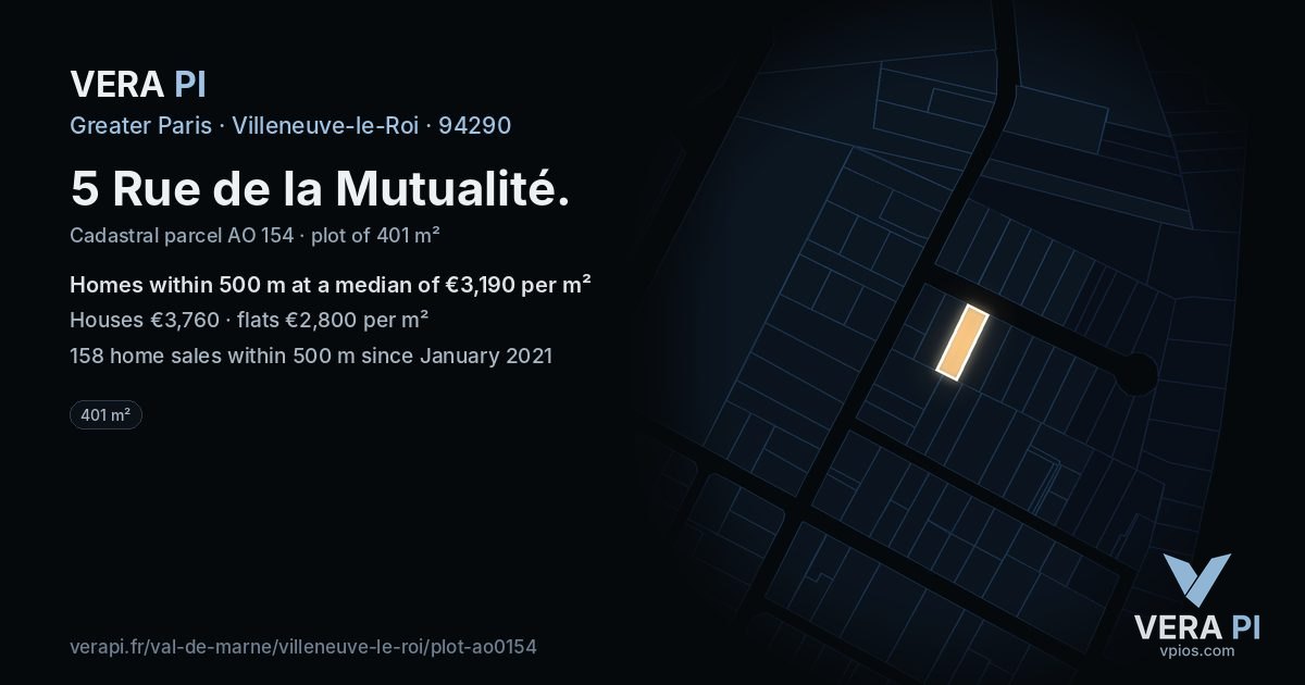 5 Rue de la Mutualité, Villeneuve-le-Roi at night – the plot lit, the parcels around coloured by the prices near them