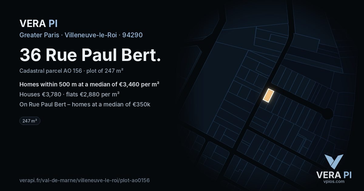 36 Rue Paul Bert, Villeneuve-le-Roi at night – the plot lit, the parcels around coloured by the prices near them