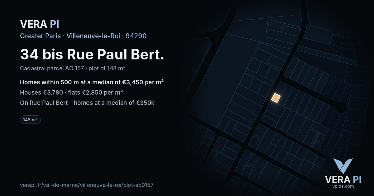 34 bis Rue Paul Bert, Villeneuve-le-Roi at night – the plot lit, the parcels around coloured by the prices near them
